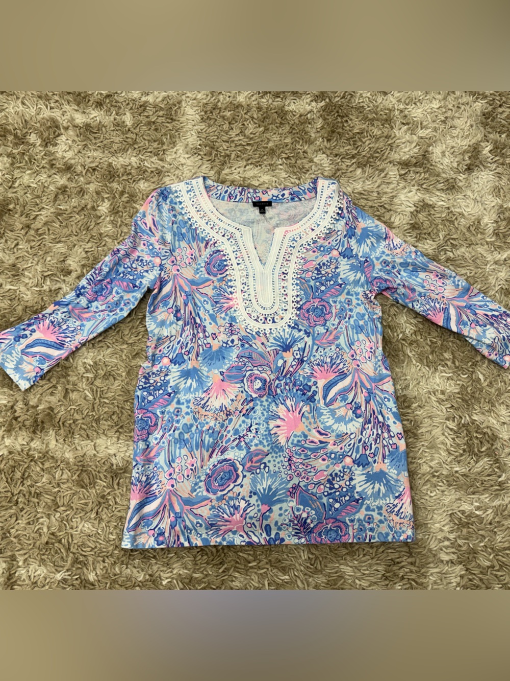 Talbots Embroidered Neckline Blue & Pink Printed Tunic Top